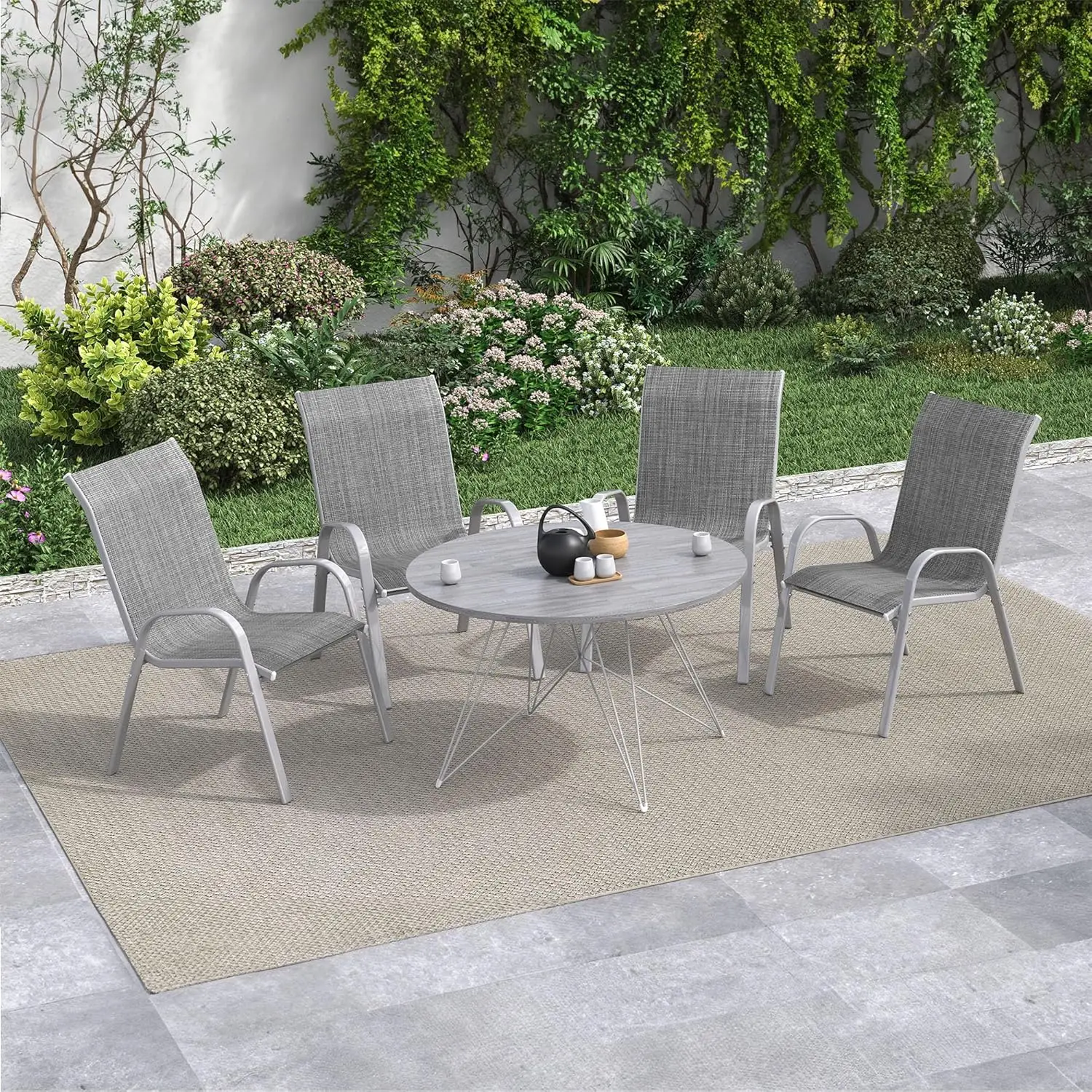 Juego de 4 Sillas De Patio apilables para todo tipo de clima, muebles cómodos y transpirables para jardín y exterior, cubierta de Patio trasero