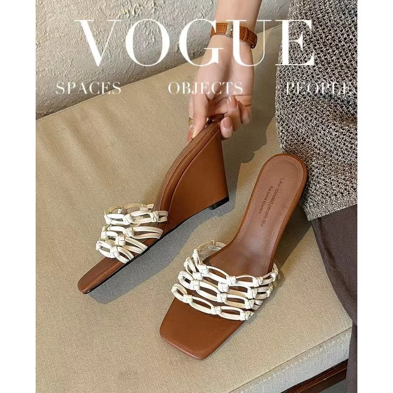 2026 new spring summer women sandals natural leather 22-25cm weave fabric+sheepskin+pigskin mules wedges women shoes fashion