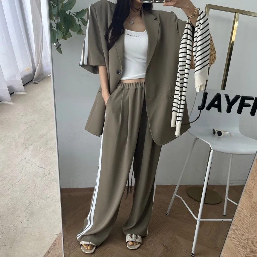 Conjunto de Chaqueta y Plón Casual Hoado para Mujer con Bloques de Color y Doble Raya, Cintura Elástica Ajustable y Pie...