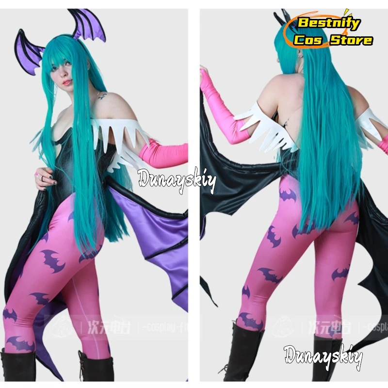 أزياء BMiccos Game Tumes النسائية على شكل قلب مجوف من Morrigan أزياء تنكرية مع أجنحة طماق Darkstalkers Succubus{Bestnify Cos}