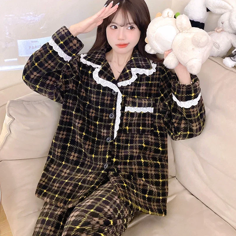 ชุดนอนสตรีฤดูใบไม้ร่วงฤดูหนาวหนาชุด Homewear แขนยาวฤดูใบไม้ผลิใหม่ Coral ขนแกะ Flannel สามารถสวมใส่นอกชุดนอน