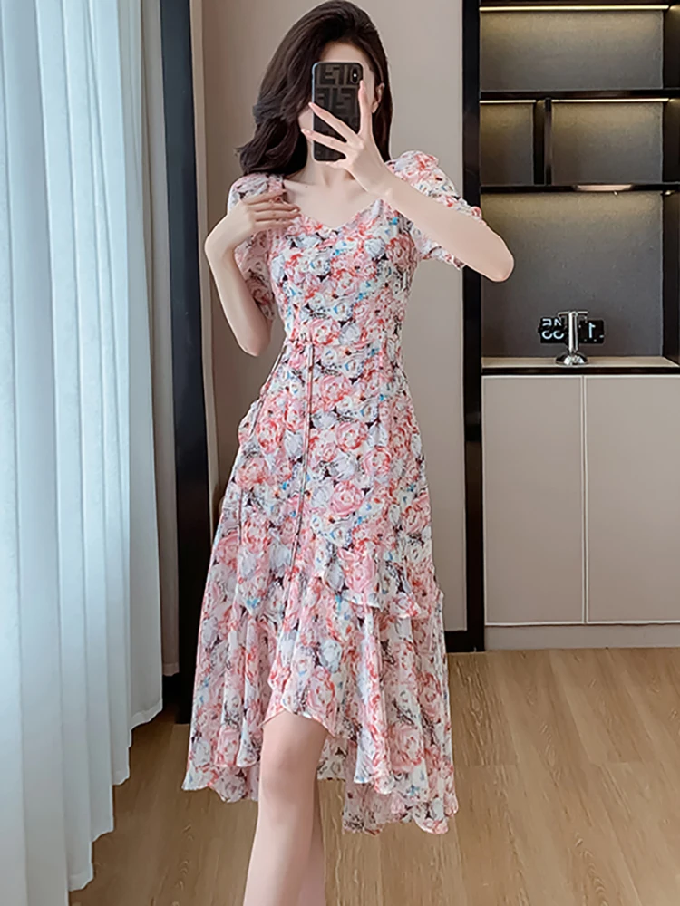 2024 New Pink Floral Mesh Short Sleeve Square Collar Dress Summer Elegant Ruffled Beach Dress Women Fashion Bodycon Party Dress