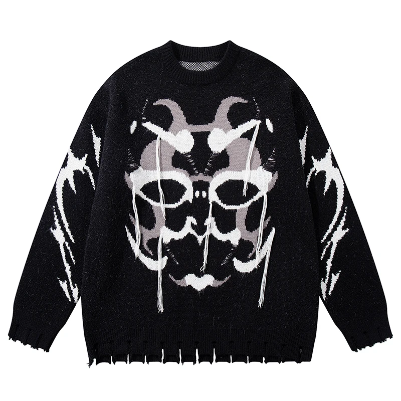 

Harajuku Oversized Sweater Men Women Streetwear Skull Pattern Knit Pullover Gothic Y2K Grunge Distressed Jumper Casual Knitwear