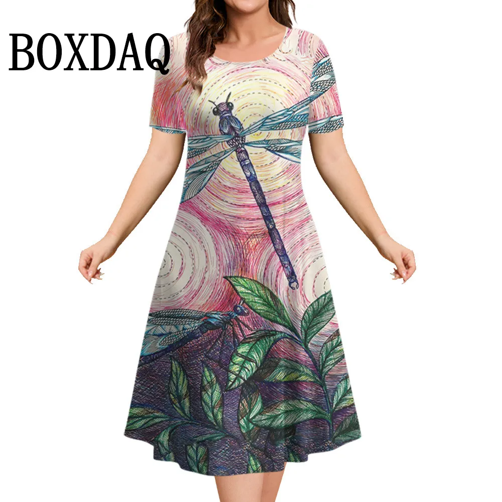 New Summer 3D Dragonfly Print Women Dresses Fashion Plus Size Loose A-Line Dresses Casual Short Sleeve Women's Clothing Sundress