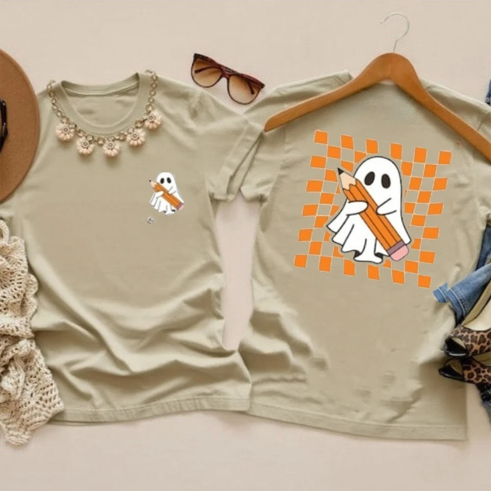 ハロウィン教師シャツかわいいゴースト教師ハロウィンシャツ、不気味な教師トップスオールハロウィンデイシンプルスタイル女性Tシャツ