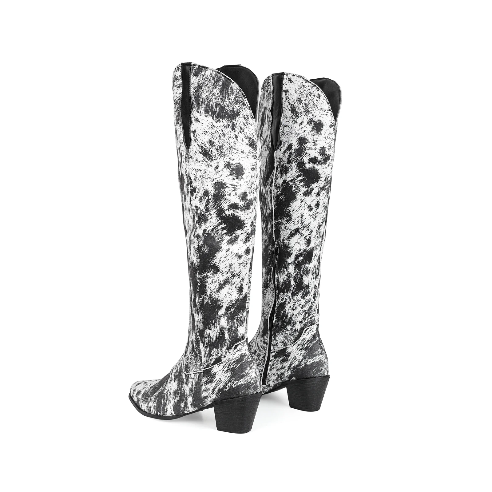 Botas occidentales por encima de la rodilla con estampado de leopardo, pelo de caballo de imitación, botas de caballero de tacón grueso puntiagudo Retro, bota larga estampada para Halloween
