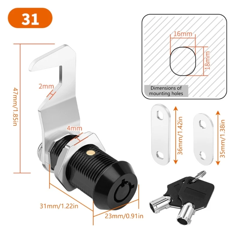Fechaduras tubulares com chave semelhante, mecanismo câmeras com gancho, 2 peças para caixas ferramentas armários