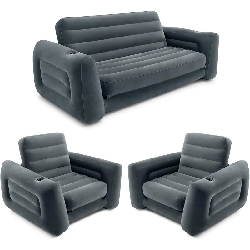 Inflatable Furniture Set with Pull-Out Sofa Chair, Queen Size Inflatable Mattress and 2 Pull-Out Sofa Beds