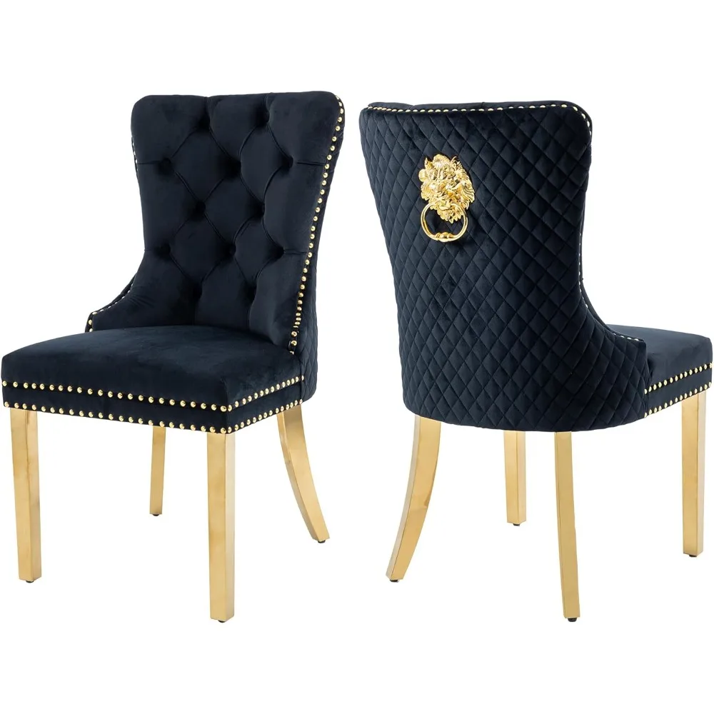 Juego de 2 sillas de comedor de terciopelo, sillas de comedor de la colección Nikki con patas de metal dorado y anillo de tracción con cabeza de león