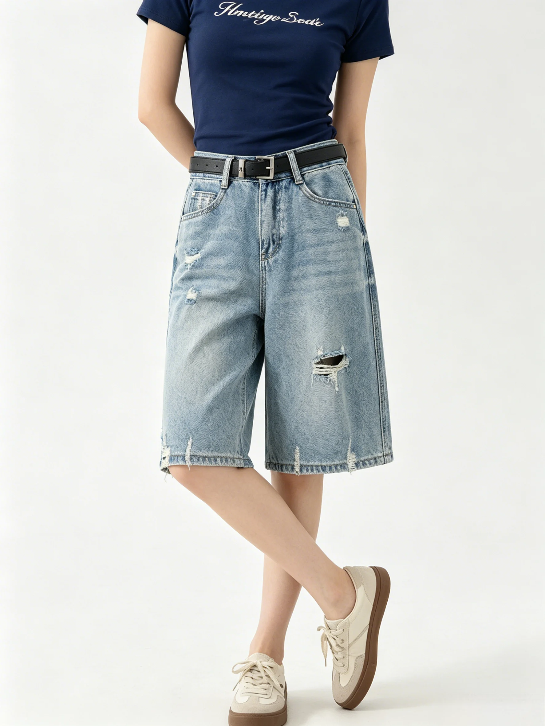 

Retro Korean Washed Denim Wide Leg Pants High Waist Torn Summer Loose Slimming Five-Quarter Length Ladies Jeans Casual Wear