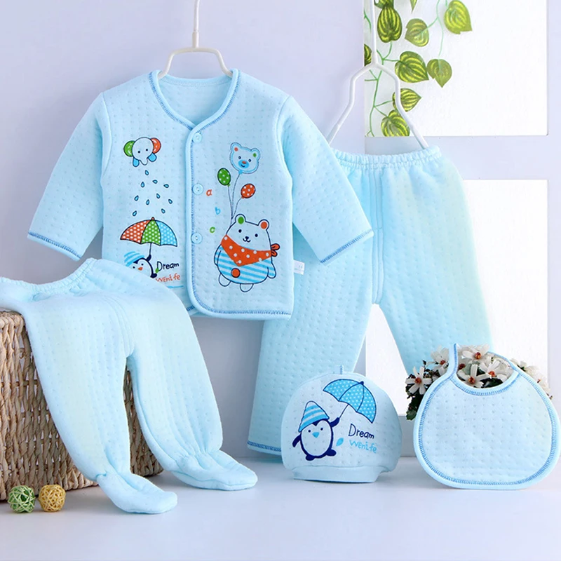 5PCS Set Infant Newborn Unisex Clothes 0-3 Months Baby Spring Autumn Print Cartoon Clothing Sets Tops Trousers Hat Bibs