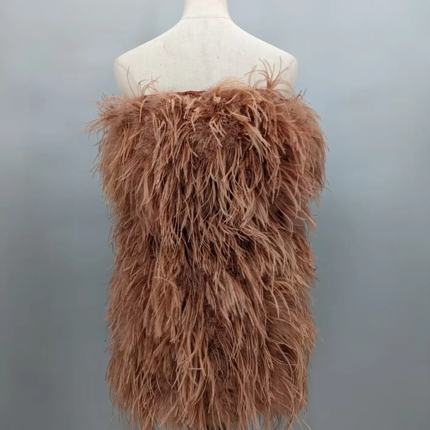 Women Coffee Brown Real Ostrich Feather 2 In 1 Strapless Tube Dress Convertible Midi Skirt Wedding Party Banquet Outfit 22A0627