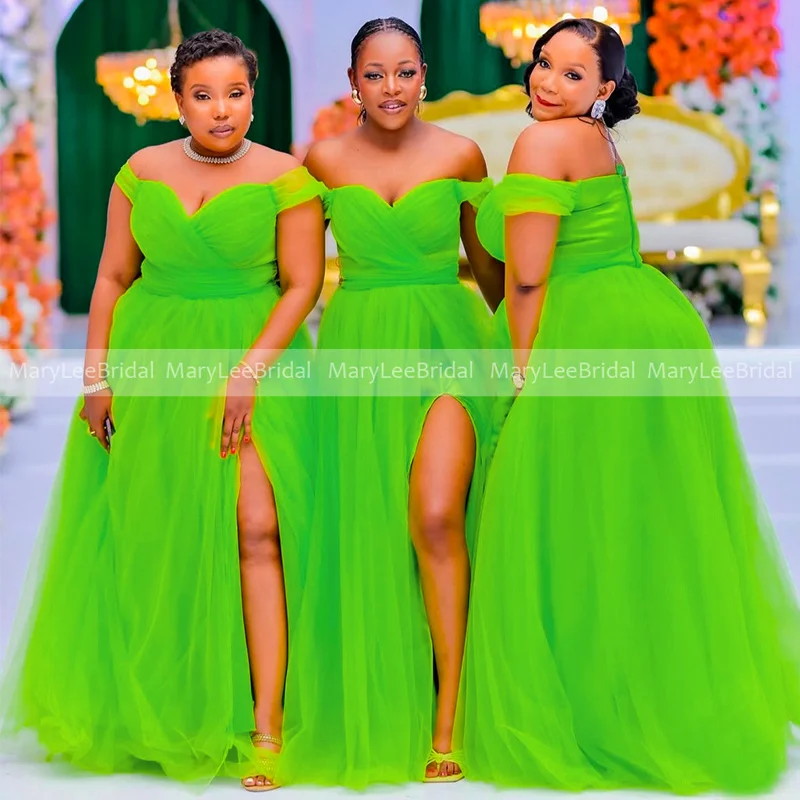 Plus Size Green Bridesmaid Dresses Customized Off the Shoulder Soft Mesh High Slit Wedding Guest Party Dresses robes de soirée