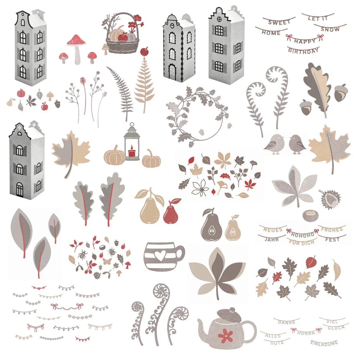 2026 Neu eingetroffen: Herbst-Thema Metall-Stanzformen mit Blättern, Kürbissen, Pilzen, Häusern und deutschen Motiven für DIY-Scrapbooking