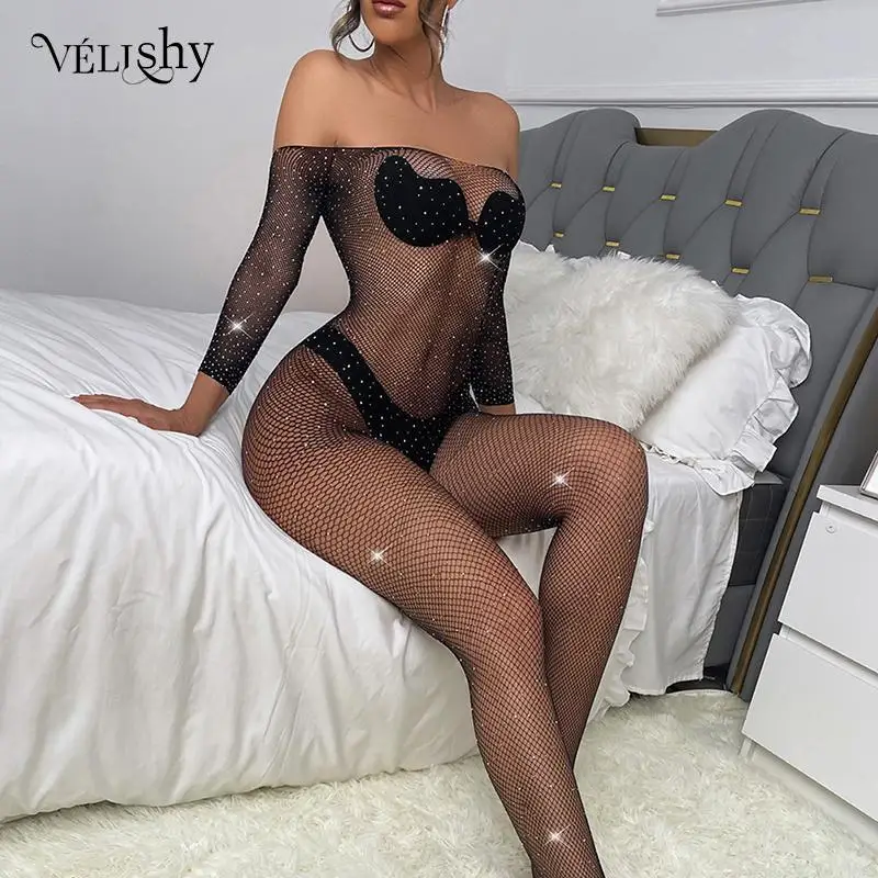 Off ramię z długim rękawem Rhinestone kobiety Bodystockings Mesh przepuszczalność kobiet kombinezony damskie Sexy Hollow Out bielizna erotyczna