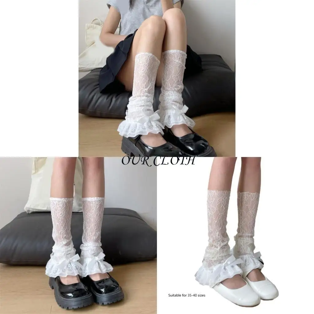 Summer Flower Lace Leg Warmer Sleeve for Women Girls Bowknot Lightweight Ruffle Flared Loose Leg Cover Long Socks Y1AC
