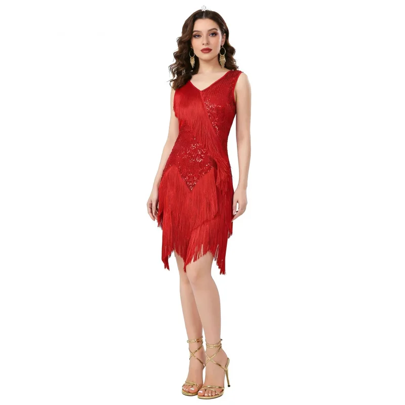 1pcs/lot Vintage Style Woman Fashion Sequin Tassel Latin Dance Dress Lady Sleeveless Patchwork Latin Dnce Long Fringe Dress