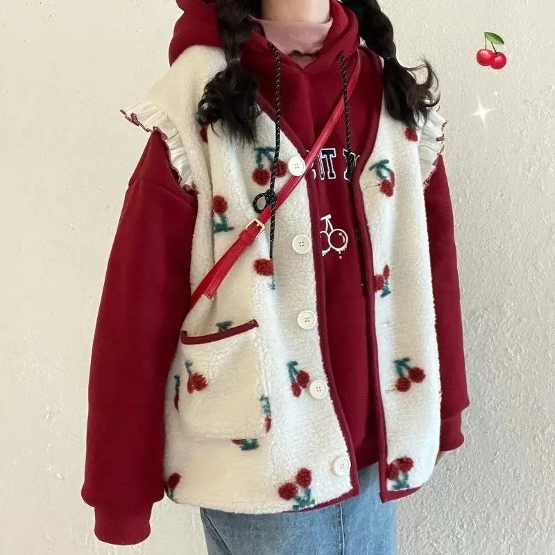 

Trendy Large Size Cherry Print Fce Lined Hooded Sweatirt Women's Autumn Winter Two Piece Set with Lamb Fur Vest in Wine Red