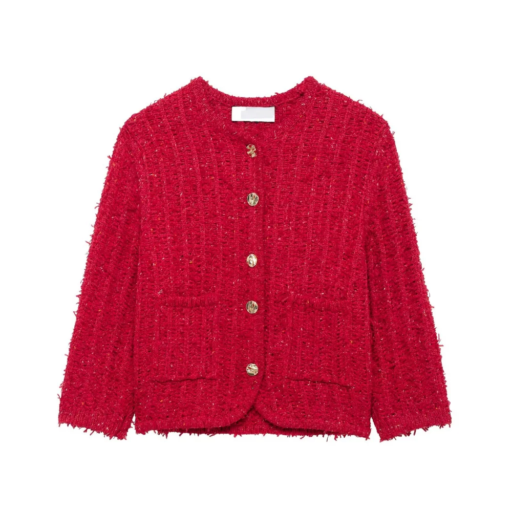 

2025 BM&MD&ZA Women's Boucle Knit Cardigan Round Neck with Gold - toned Buttons and Front Pockets Casual and Stylish