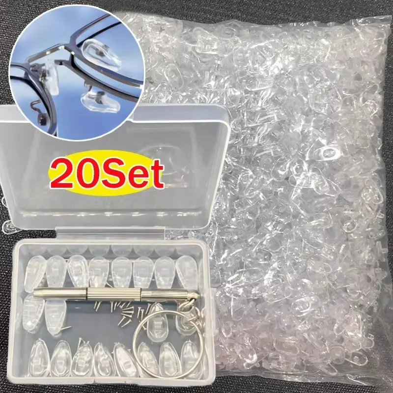 20sets Eyeglasses Nose Pads with Screwdriver Soft Silicone Air Chamber Glasses Anti-slip Nose Pad Replacement Repair Tools