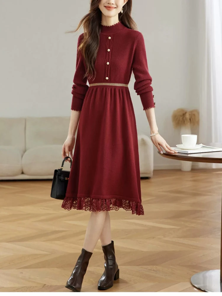 

Elegant Knitted Dress Women's Fashionable Semi-High Collar Lace Trim Waist-Cinching Sweater Dress Stylish Beautiful Girl's Dress