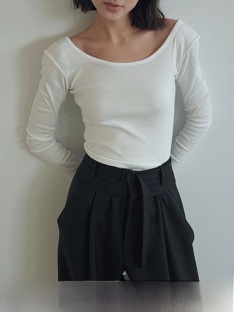 

SOTHEA Sli Basic Elastic Cotton Large round Ne Bal Slimming Long Sve T-irt Women's Simple Sle Casual Wear