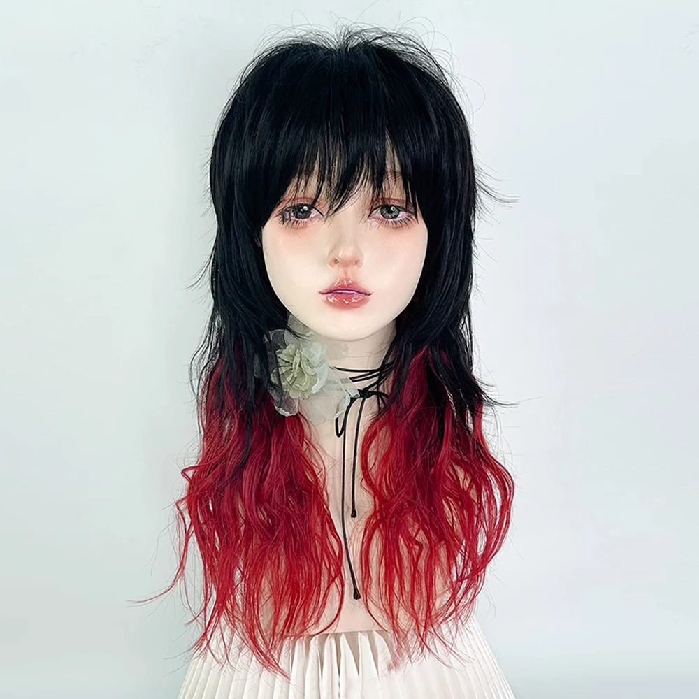 Synthetic Long Wavy Ombre Black Red Mullet Head Wig Women Fluffy Lolita Cosplay Hair Wig for Daily Party