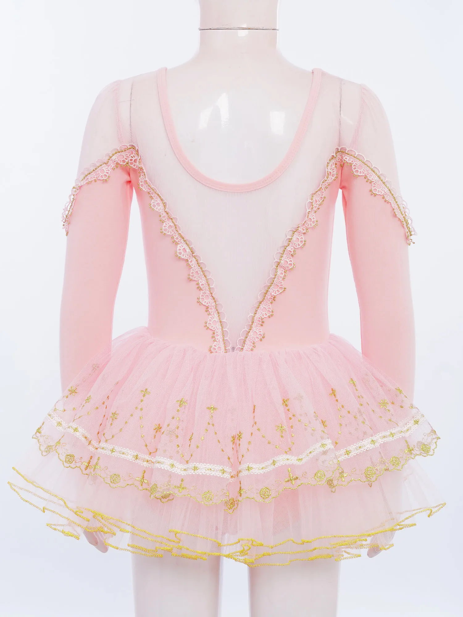 Costume da tutù per balletto per bambini Vestito da spettacolo per cigni per ragazze Manica lunga Maglia trasparente con finiture in pizzo Costume da principessa per tutù a strati
