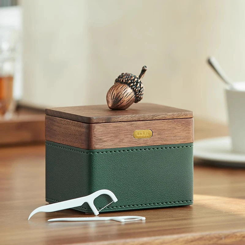 

Dental floss box, desktop storage box, toothpick box, household light luxury walnut tube cotton swab box.