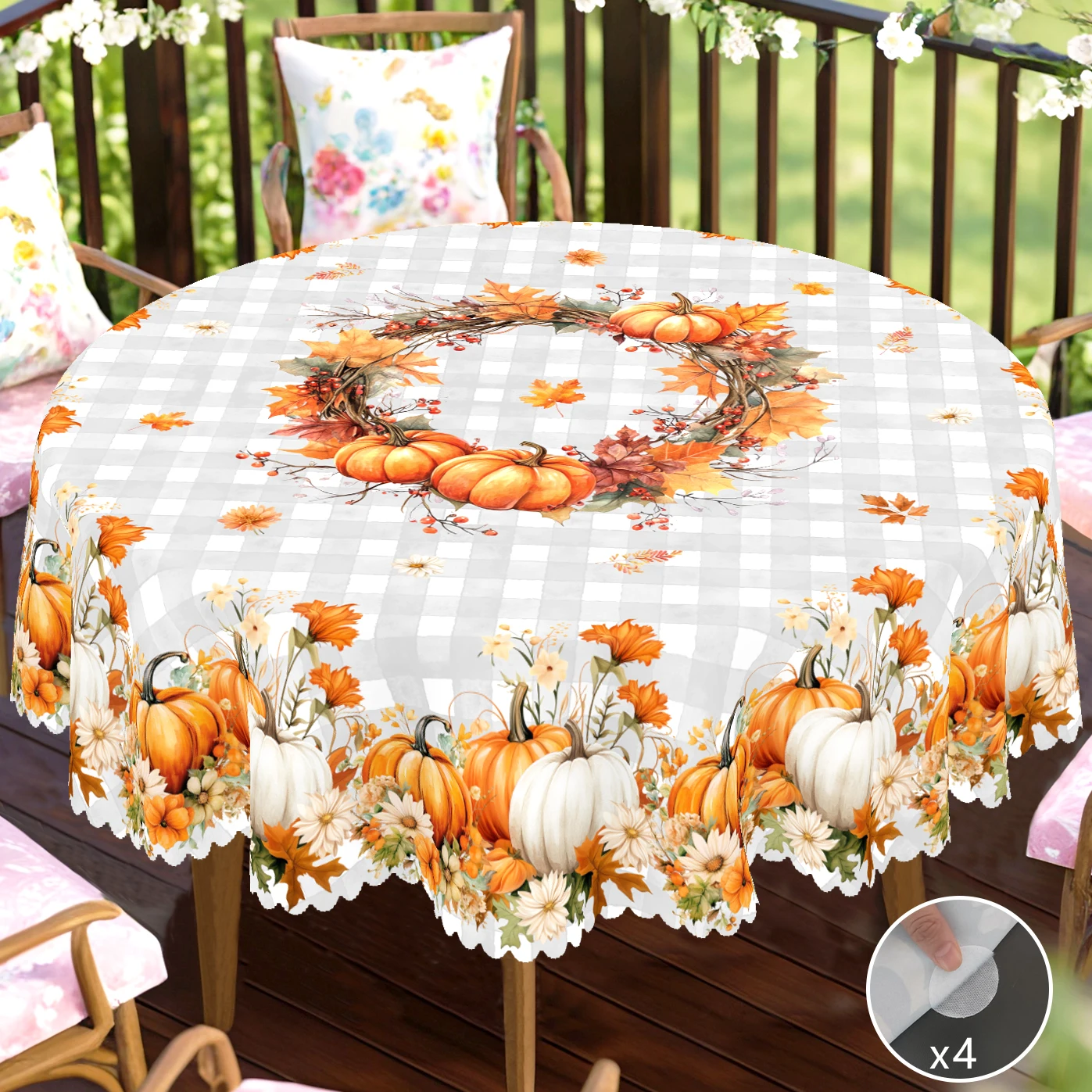 1 Piece of Autum Pumpkin Theme Round and Rectangular Tablecloth, Various Sizes, Pumpkin and Flower Plaid Printed Design Tablecloth, Thanksgiving Party Tablecloth Decoration, Table Cover for Home Kitchen, Terrace Use, Perfect for Autum Decoration
