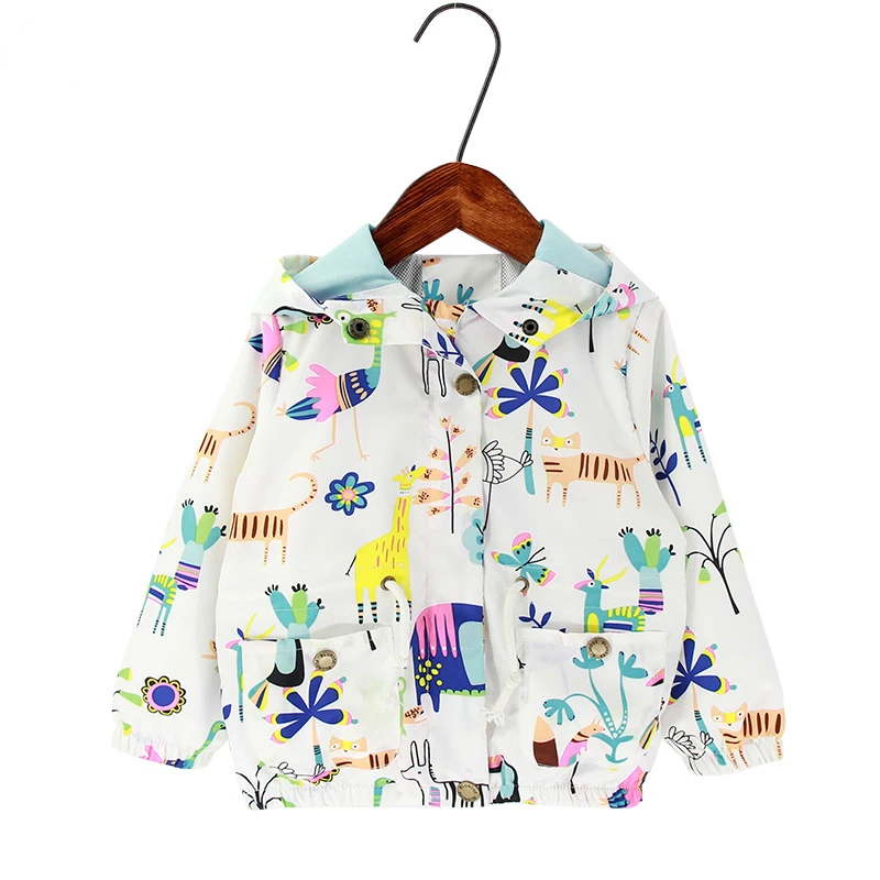 New Spring&summer Kids Jackets Girls Cartoon Flower Birds Graffiti Windbreaker Hooded Baby Girl Outerwear Children Clothing