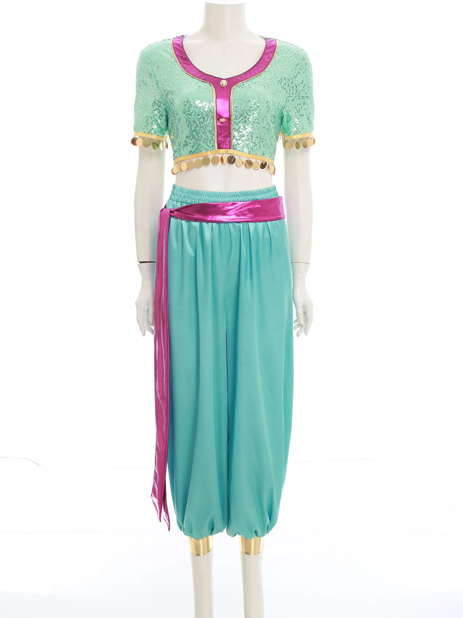 Aladdi Jasmine Princes-traje de Cosplay para mujer, traje de danza del vientre para Halloween, Top corto de manga corta con borlas de lentejuelas, conjunto de pantalones bombachos