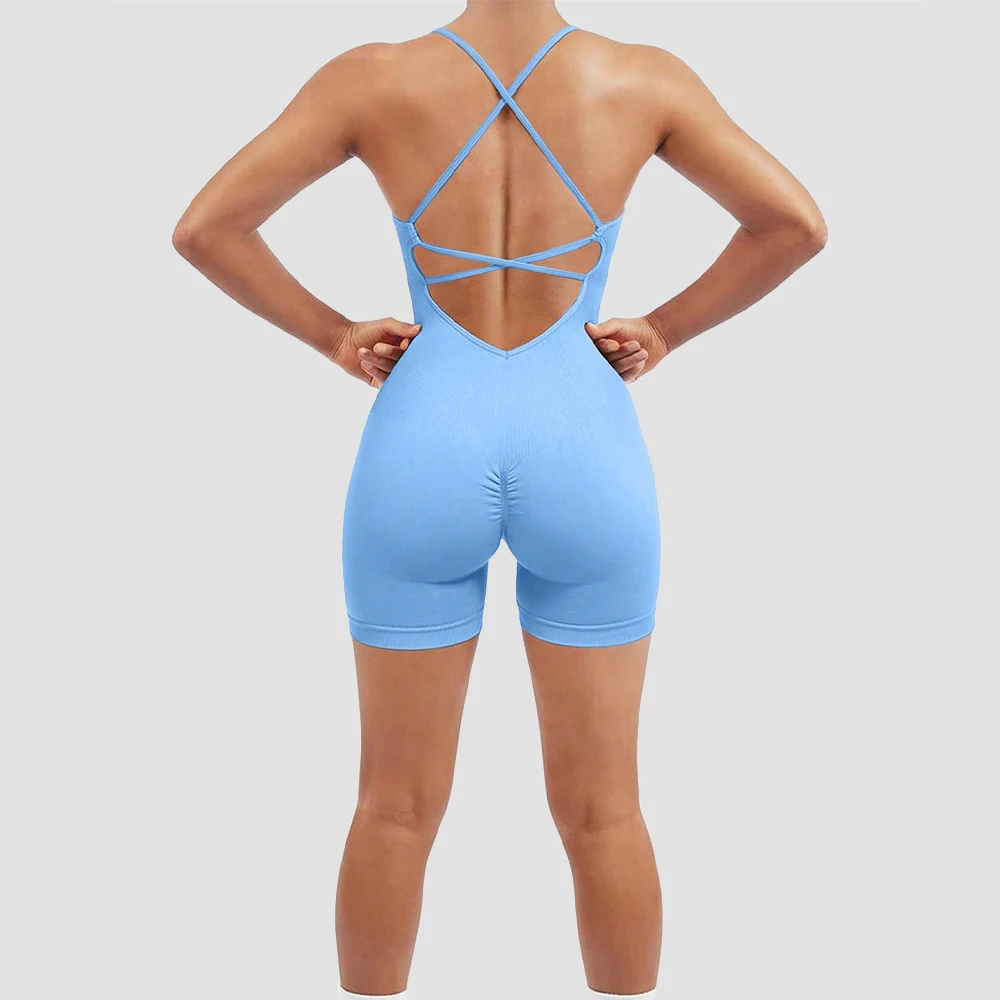 Yoga Sxy Criss Cross Backless Cami Sports Romper,Women\'s Jumpsuits Ribbed One Piece Workout Sleeveless Rompers Tank Top Shorts