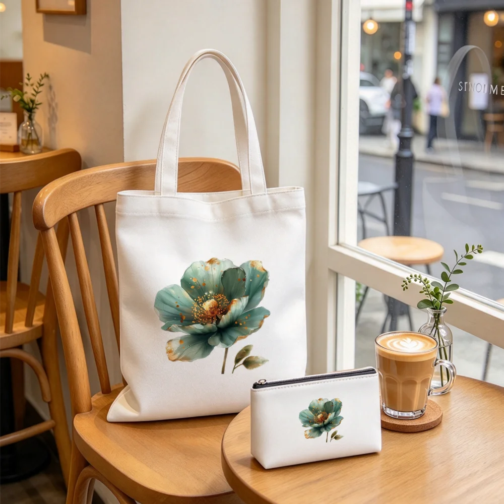 Floral Canvas Tote Bag with Matching Coin Purse, Blue Purple Watercolor Flower Print Large Capacity Women Shopping Handbag Set