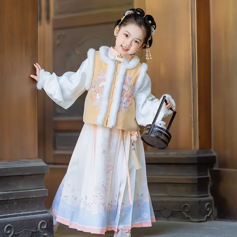 

Winter 3Pc Cute Girls Hanfu Dress Set Vintage Chinese Style Thicken Tang Suit Fluff Edge Warm Ancient New Year Yellow Costume