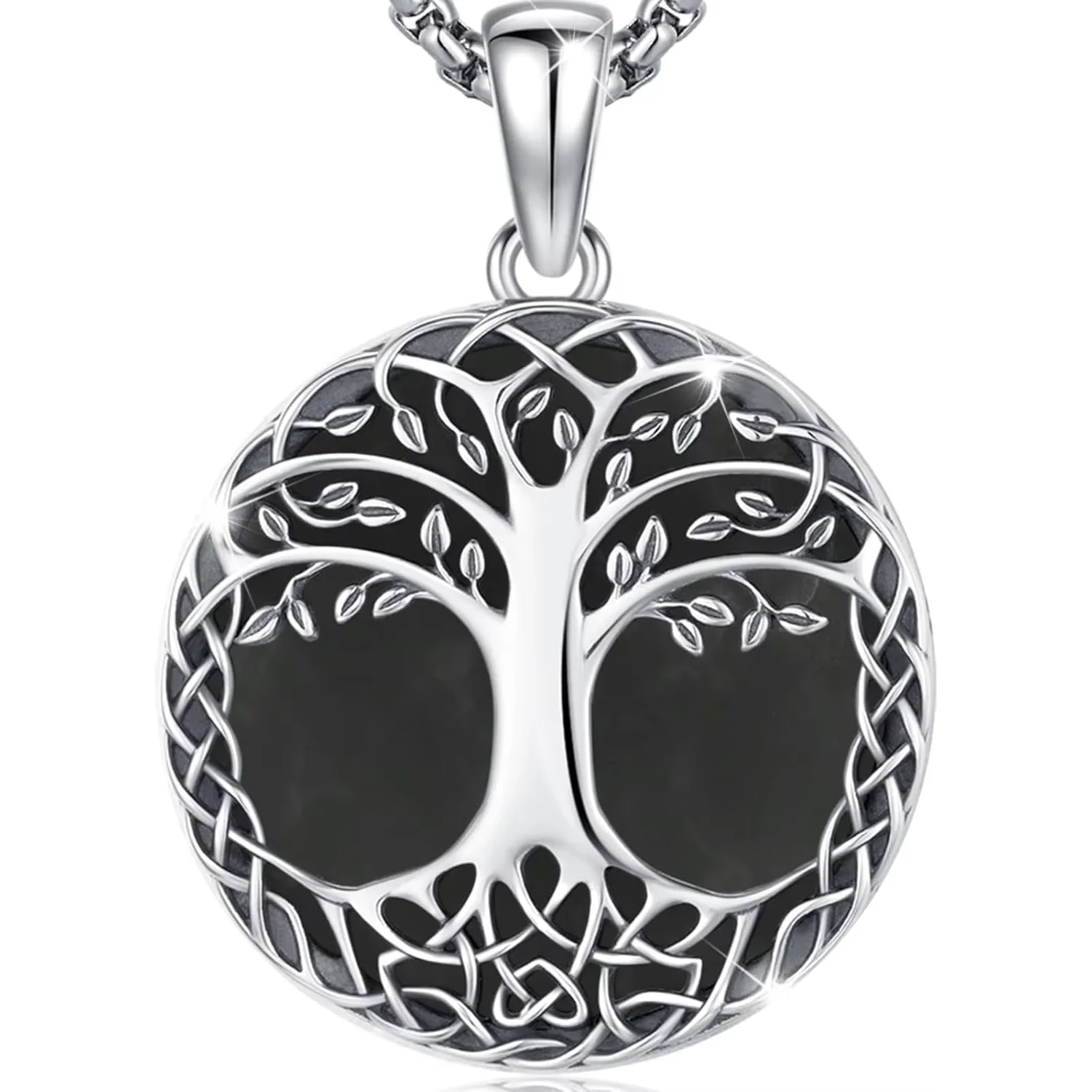 

925 Sterling Silver Tree of Life Necklace Pendant Black Agate Celtic Knot Family Tree Jewelry for Men Women Father's Day Gift