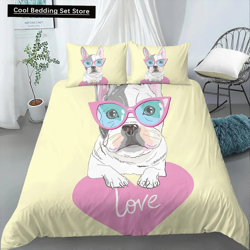 

Cartoon Pug King Queen Double Full Duvet Cover Lovely Puppy Bedding Set Pet Animal Quilt Cover Yellow Polyester Comforter Cover