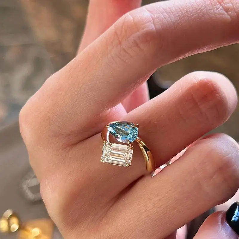 Fresh Classic Sea Blue Gemstone Water Drop Rings for Women Fashion Light Luxury Square Ring Opening Adjustable Wedding Jewelry