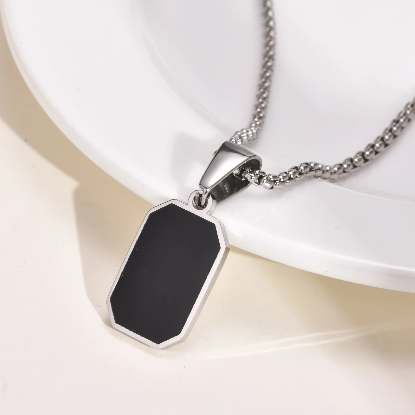 Stylish Geometric Necklaces for Men Boys,Waterproof Black Stainless Steel Square Rectangle Bar Pendant Collar Gifts for Him