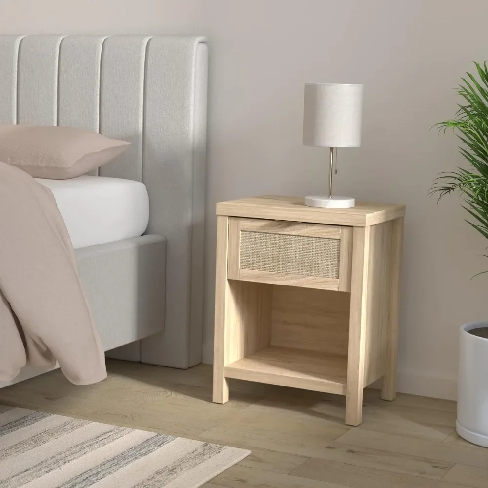 Rattan Night Stands,  with Drawer and Open Shelf for Bedroom