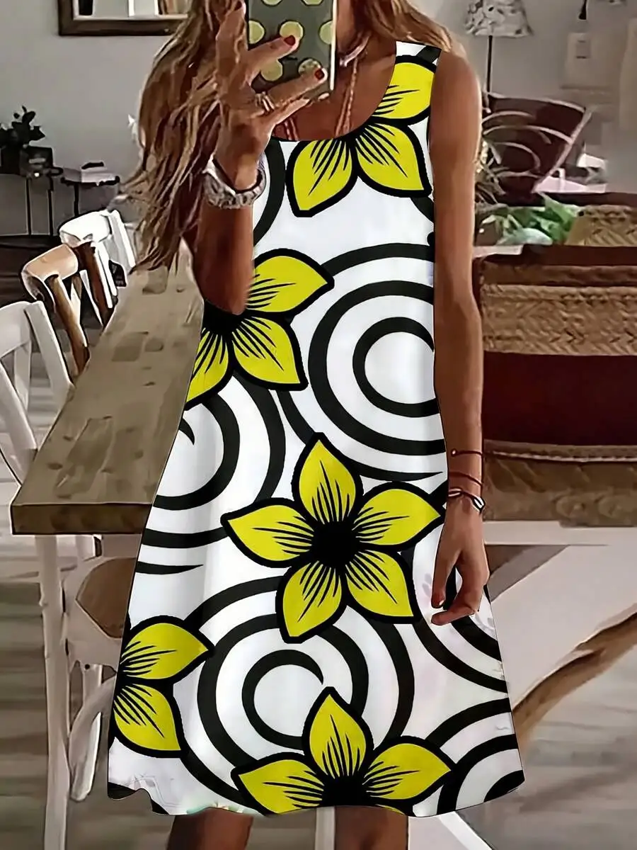 

Women Sleeveless Dress Yellow Flower And Black Spiral Print Summer Beach Casual Wear