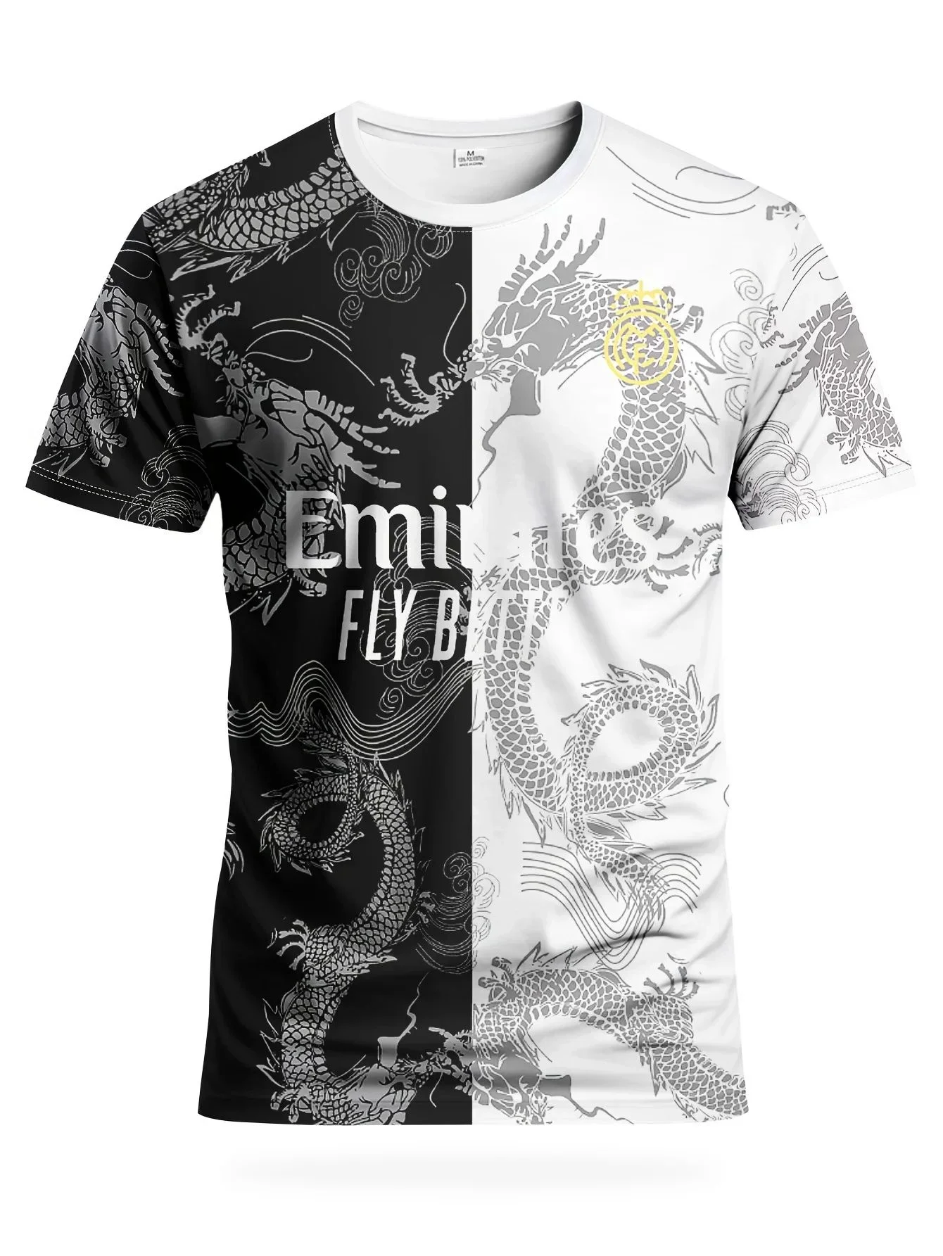 2026 Fashion Men Black White Split Dragon Soccer T-Shirt 3D Full Print Football Short Sleeve Tee Casual Sports Fan Tops