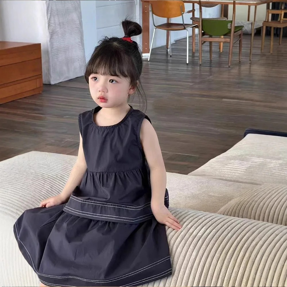 

Children's set 2025 summer new 1-8Y girls' navy blue cowboy sleeveless vest half skirt two-piece summer90-140cm set
