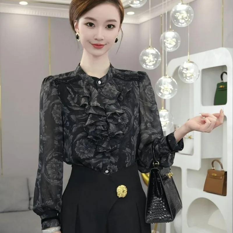 Camisa 2025 primavera nova feminina de luxo estilo francês cinza senhora do escritório fino em torno do pescoço floral temperamento de manga comprida topo