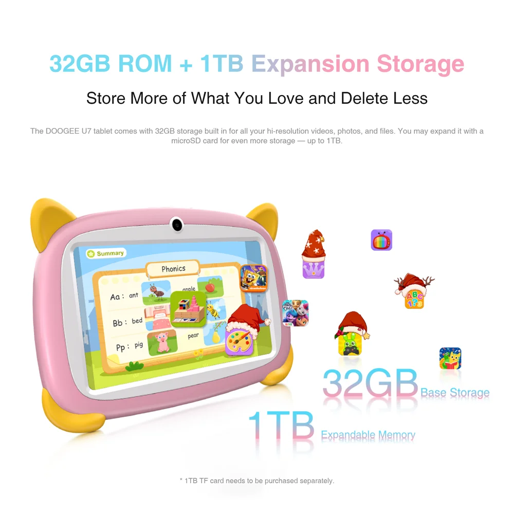 World Premiere DOOGEE U7 Kids Tablet Ouad Core 7" IPS TÜV Certified Display 4GB RAM+32GB ROM 3400mAh Android 10 Tablet For Kids