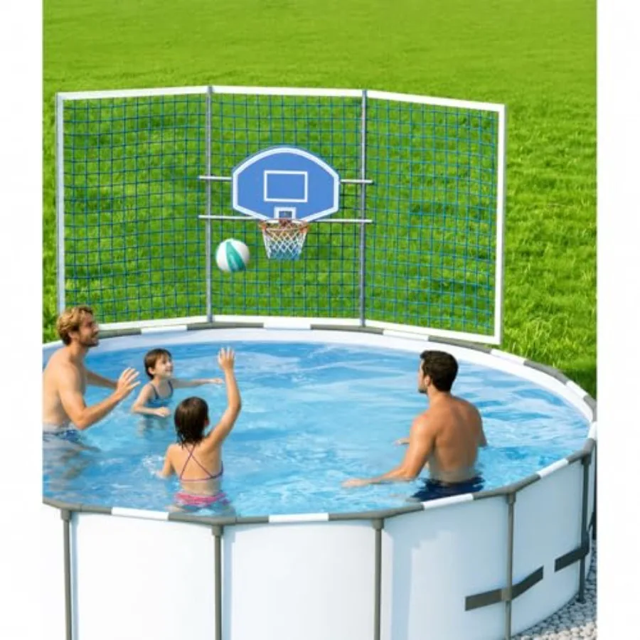 

Outdoor poolside basketball kit: adjustable hoop with backstop durable PVC backboard blue/white color rust-proof metal frame in