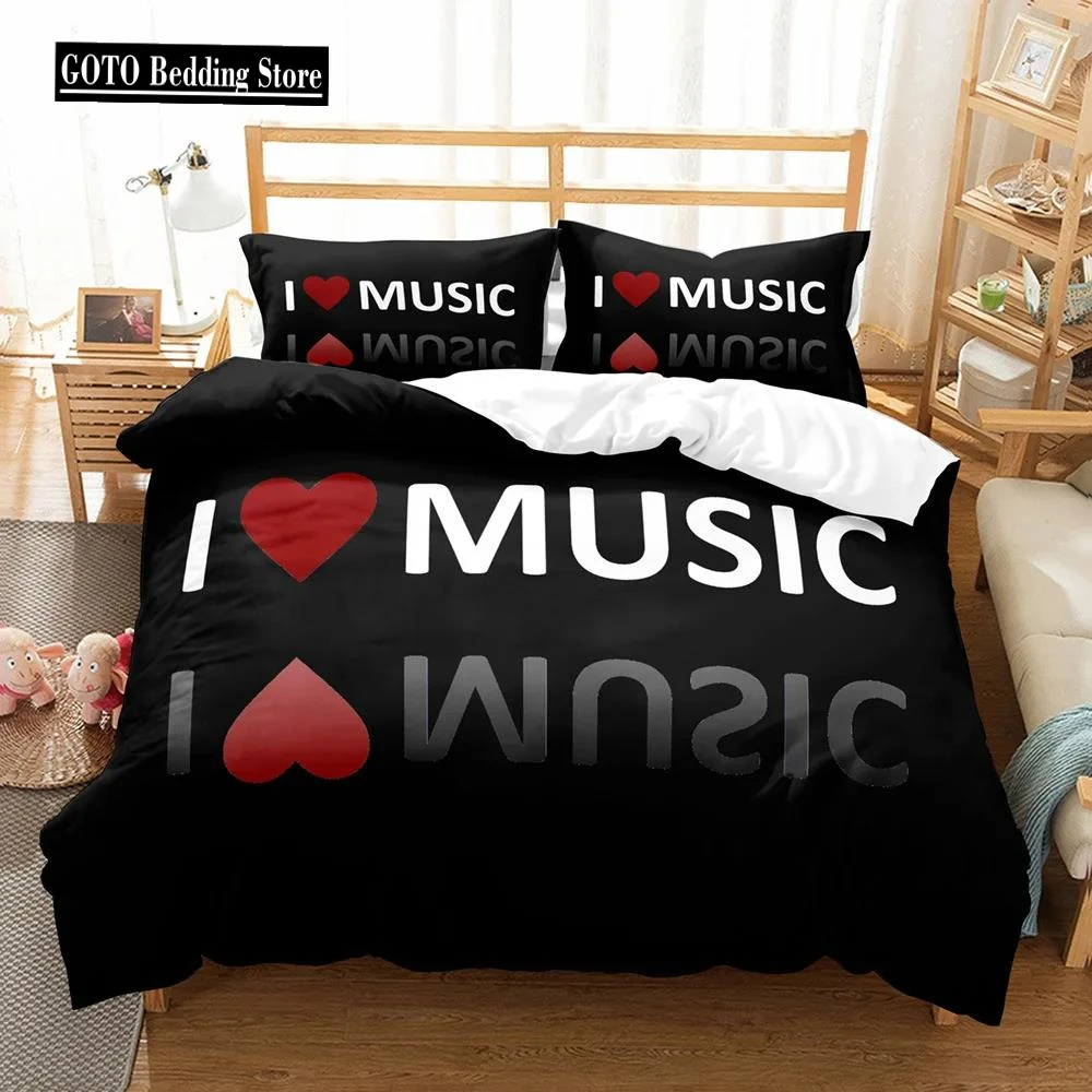 I Love Music Quilt Bedding Sets Cotton Home Textile 3D Print Music Lover Bedroom Comforter Set Queen Size Cover Duvet Set Black