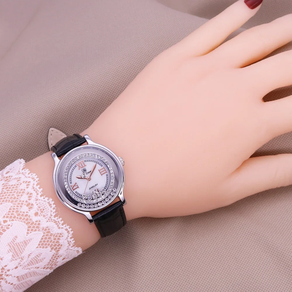 Royal Crown Women\'s Watch Japan Quartz Hours Fine Fashion Dress Clock Real Leather Shell Luxury Moving Rhinestones Girl\'s Gift