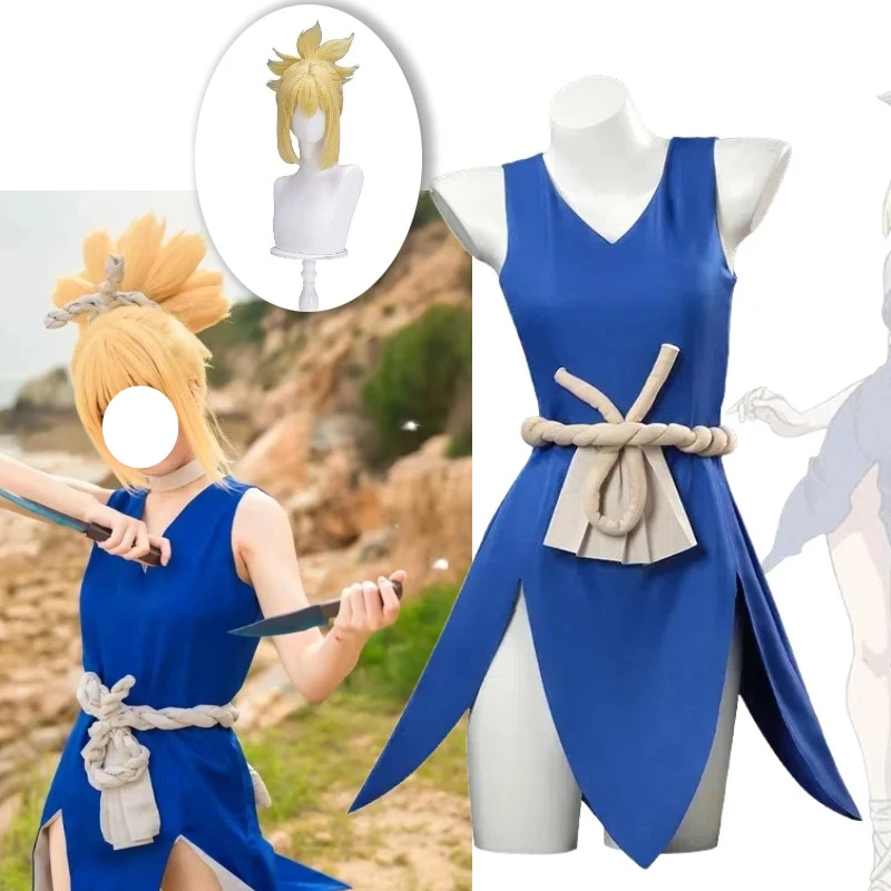 

Anime Kohaku Stones Cosplay Costume Blue Dress Yellow Wig Full Set for Women Role Play Outfit Halloween Carnival Party