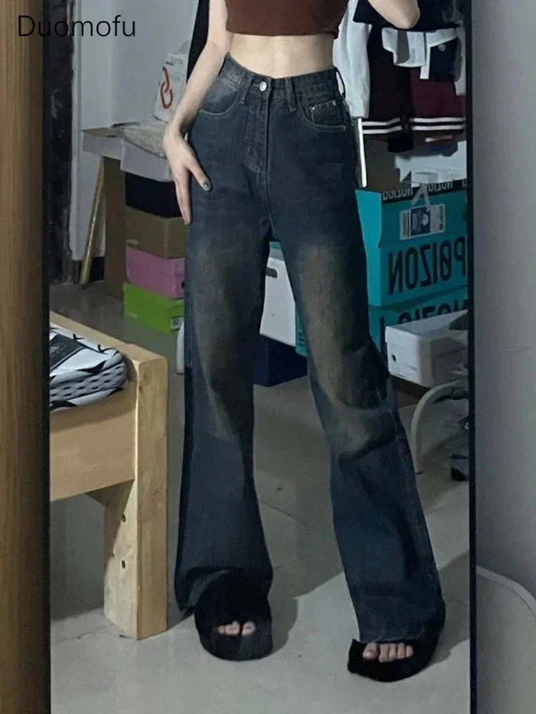 Duomofu Retro Blue Washed Distressed Loose Female Flare Jeans Summer New Vintage Basic High Waist Full Length Casual Women Jeans